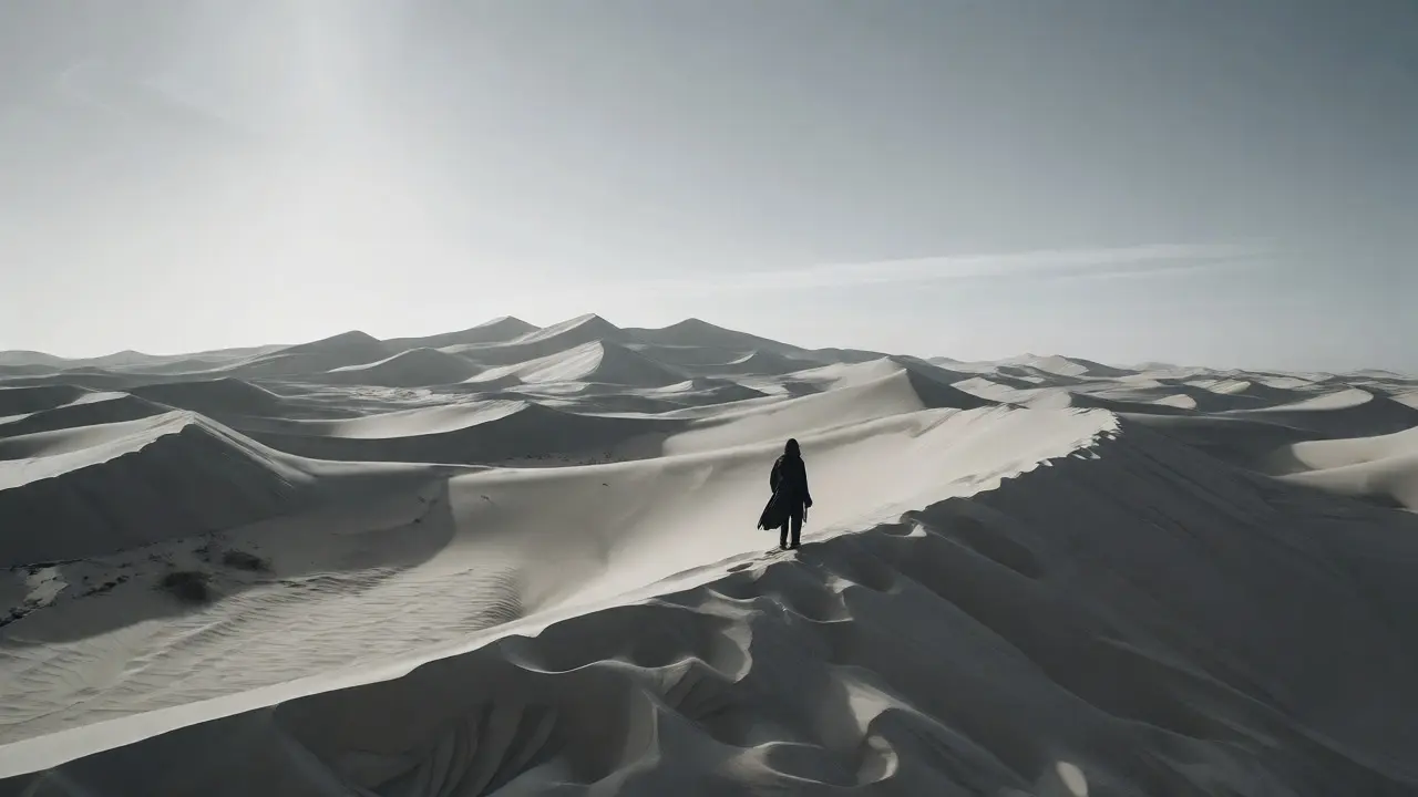 Vast desert landscape with a lone figure under a hazy sky