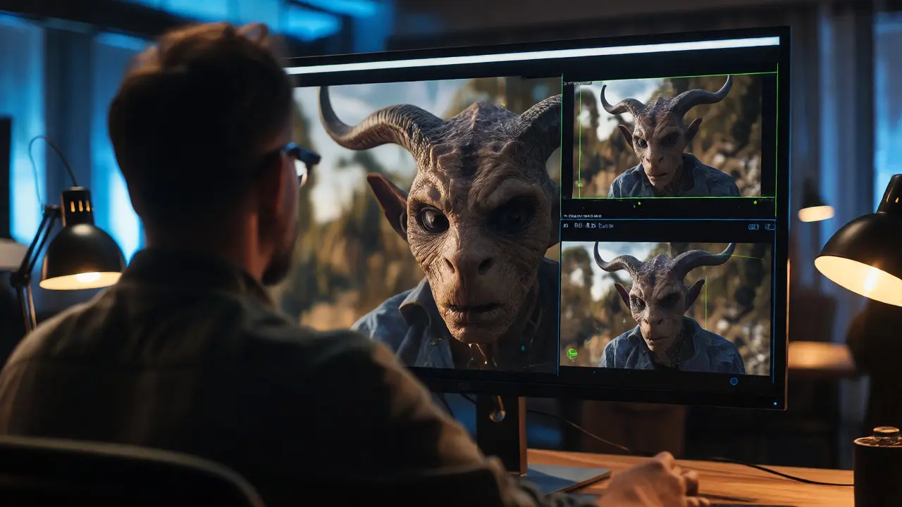 VFX supervisor reviewing hybrid creature composite
