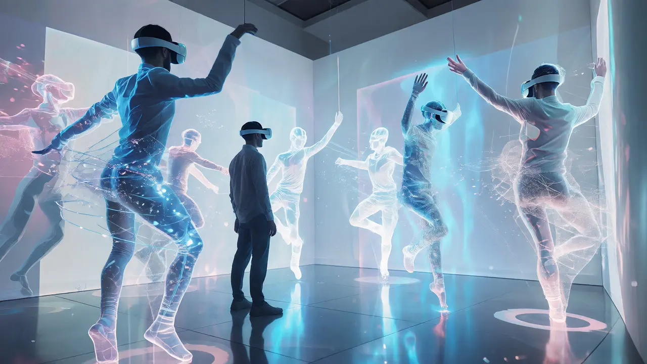 Viewer in VR headset surrounded by holographic dancers