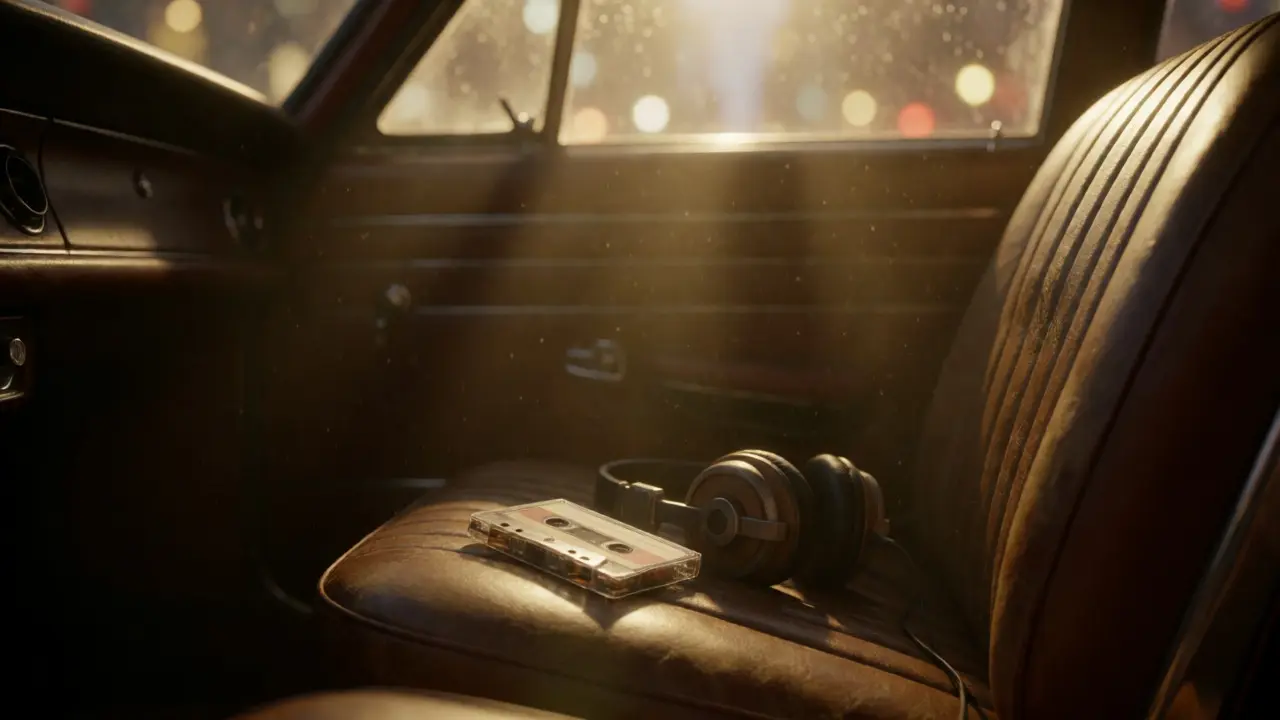 Vintage cassette tape and headphones on a sunlit car seat