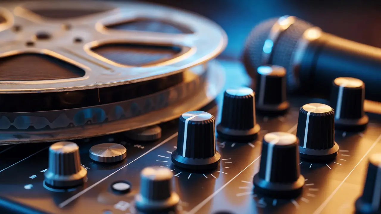 Vintage film reel next to modern audio synthesizer controls