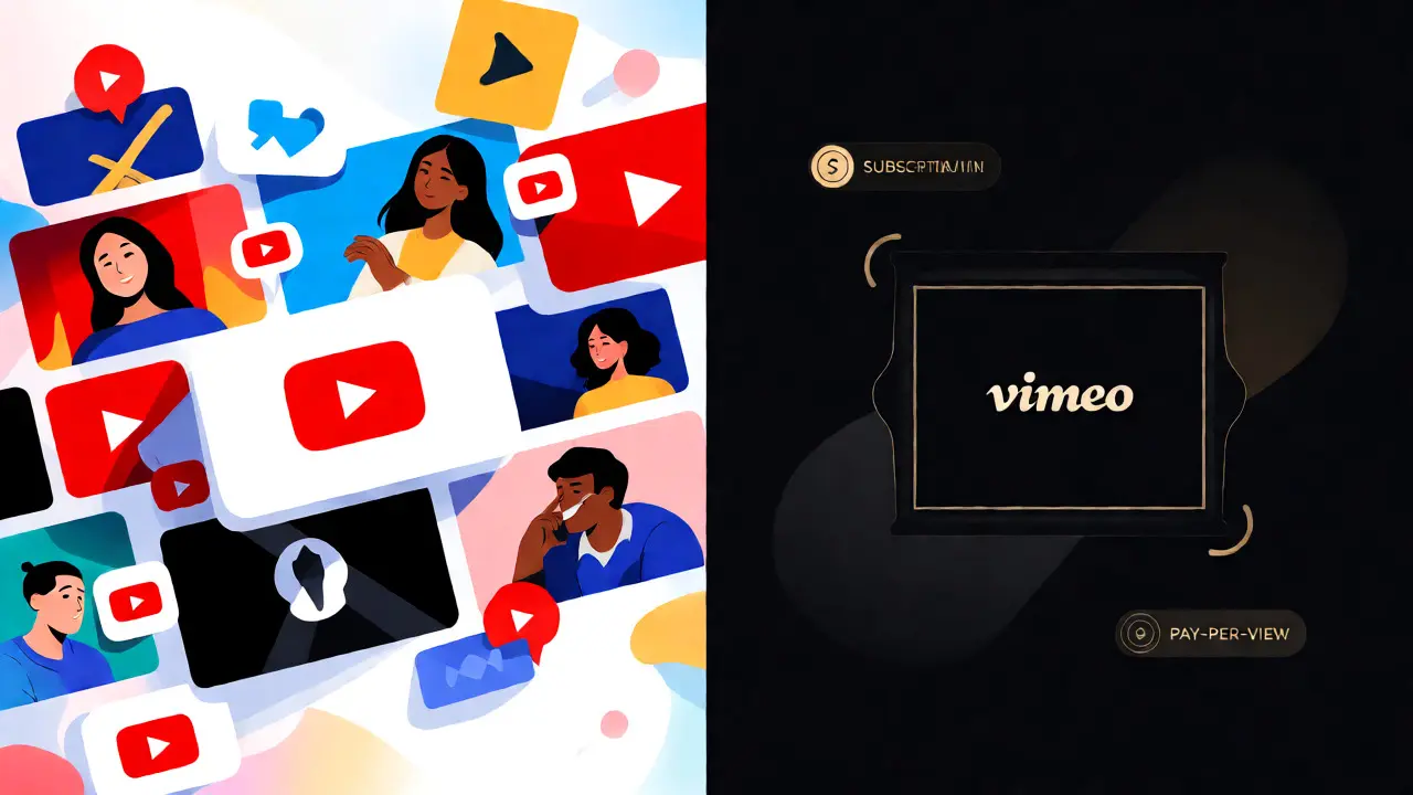 Visual comparison of chaotic video platforms versus sleek, curated streaming interfaces.