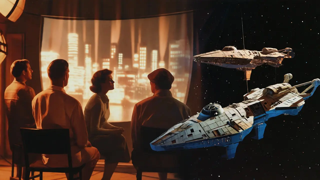 Visual comparison of vintage rear projection and early optical VFX techniques.