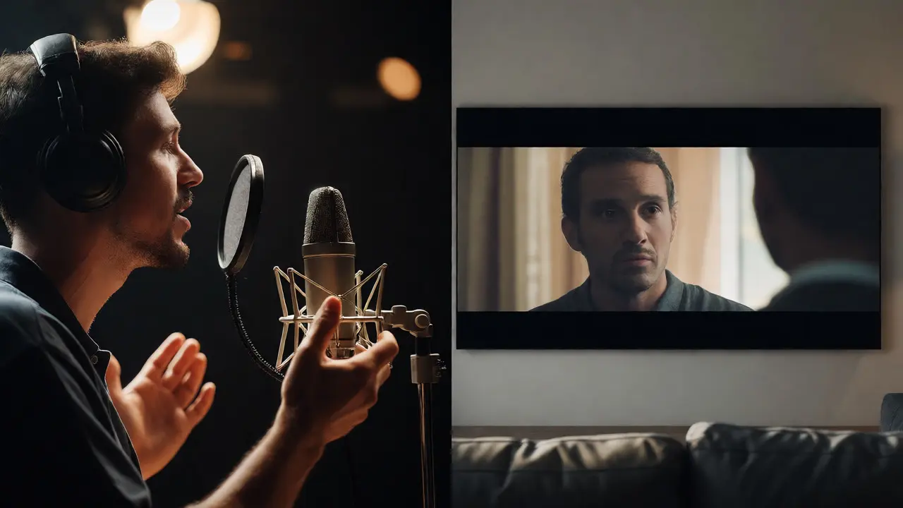 Voice actor in studio alongside a screen displaying subtitles for comparison