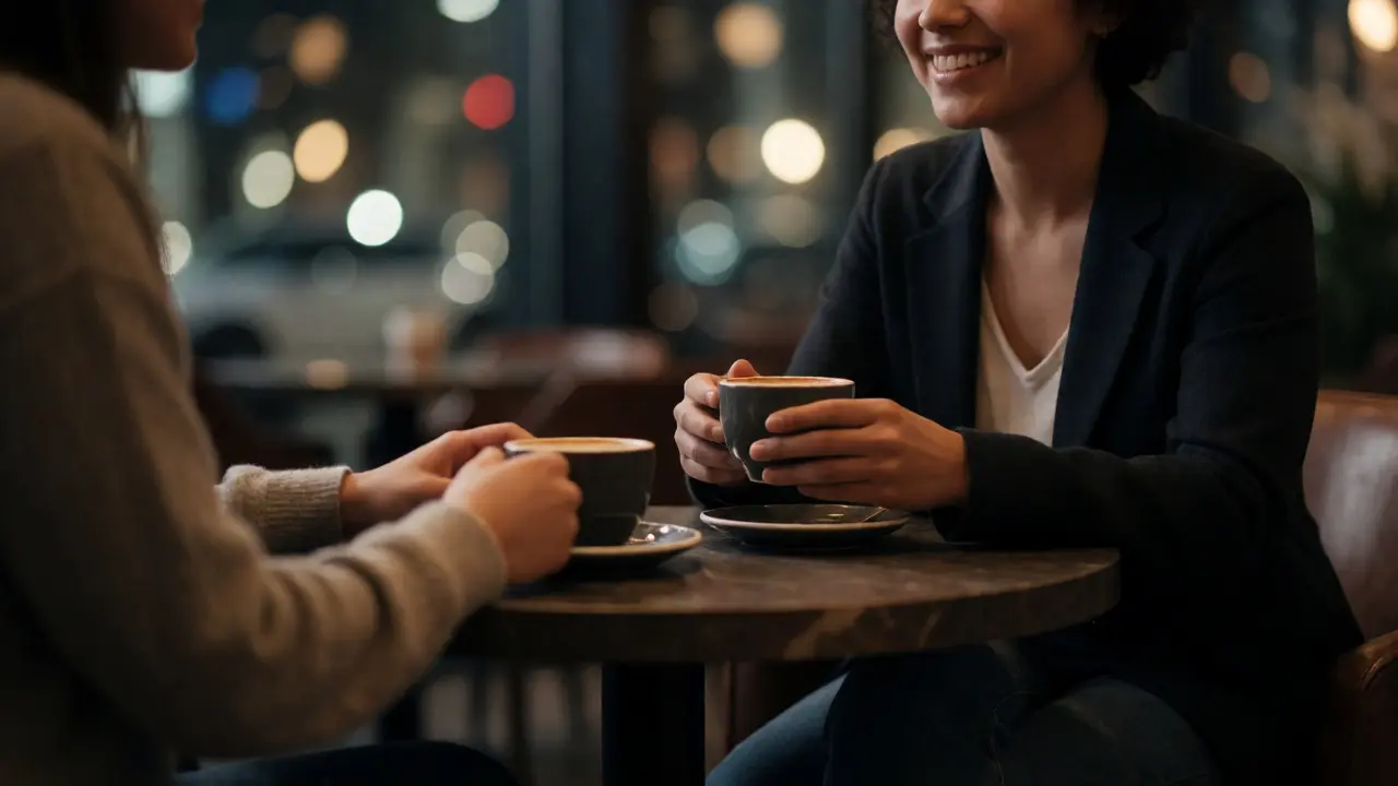 Writer and executive engaging in friendly conversation at a cozy cafe