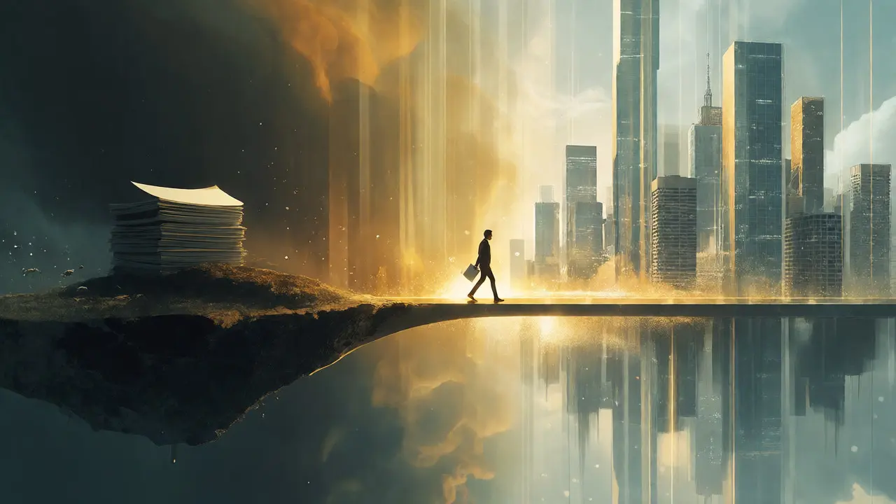 Writer crossing a glowing bridge from isolation to Hollywood.