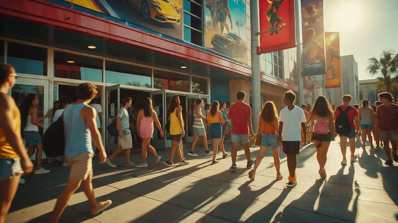 Young adults entering a sunny summer multiplex with action movie banners