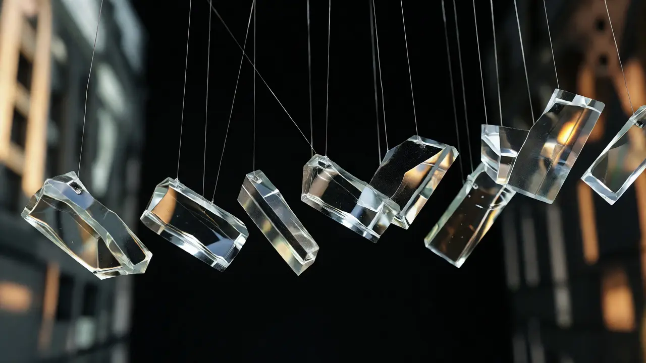 A fragile mobile of glass pieces hanging by threads, representing the precarious network of indie film financing and talent attachments.