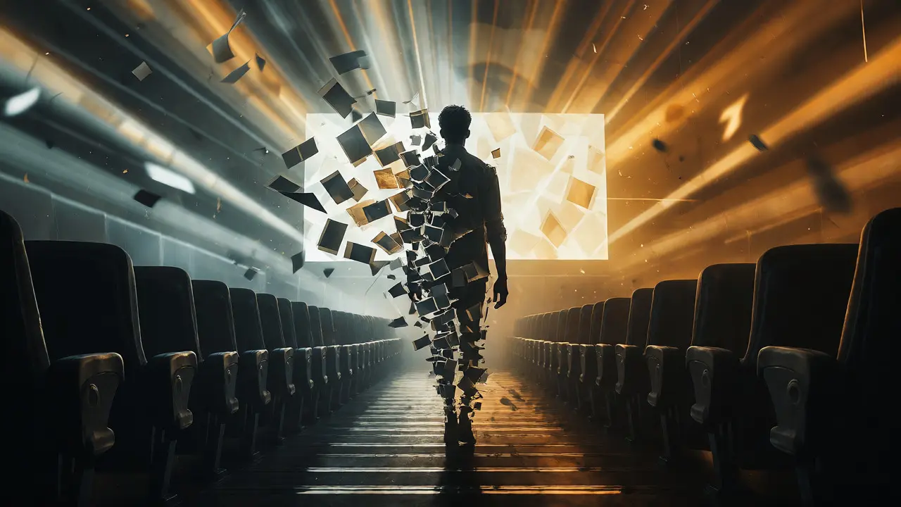 A fragmented figure walking toward a bright cinema screen