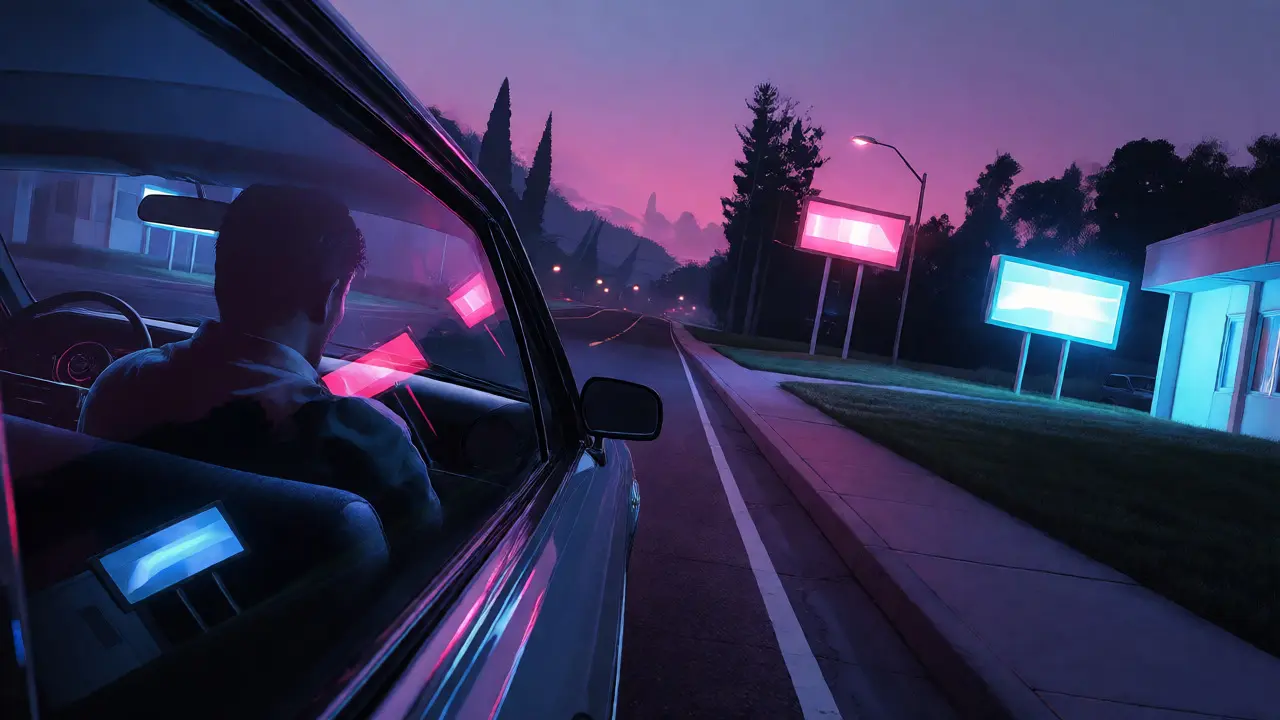 A person in a car reflects neon lights on a suburban highway at twilight with tilted camera angles.