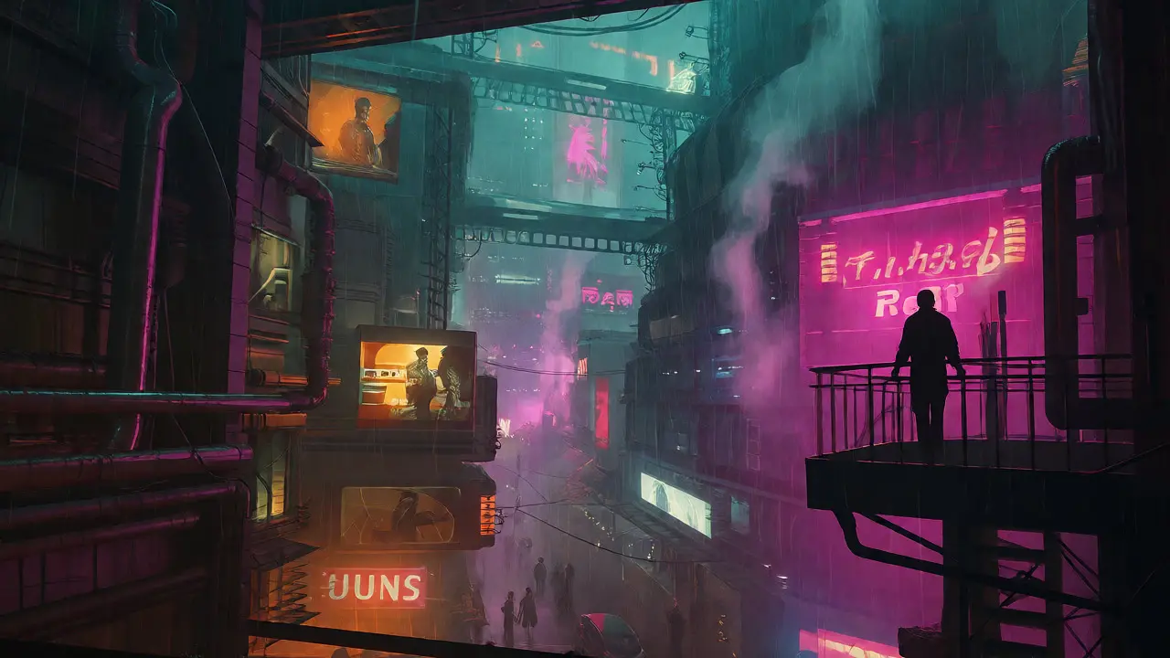 A silhouetted figure overlooks a rainy, neon-lit cyberpunk cityscape filled with steam and holograms.
