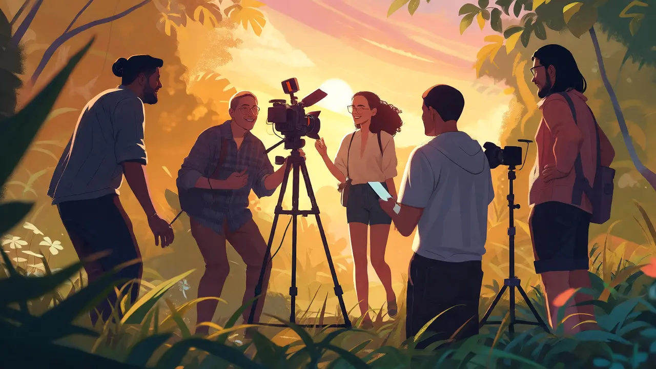 A small film crew shooting a scene outdoors in golden hour light, illustrating the proactive step of creating a proof of concept.