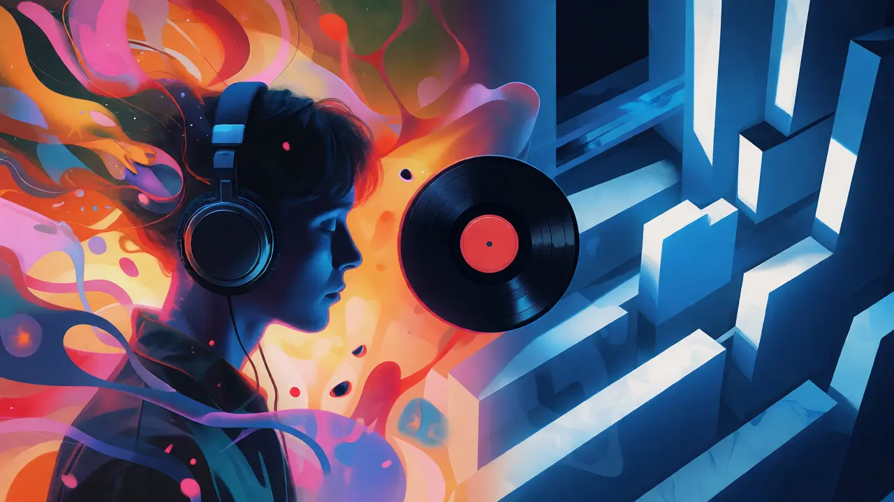 Abstract conceptual image of a person with headphones and floating vinyl record