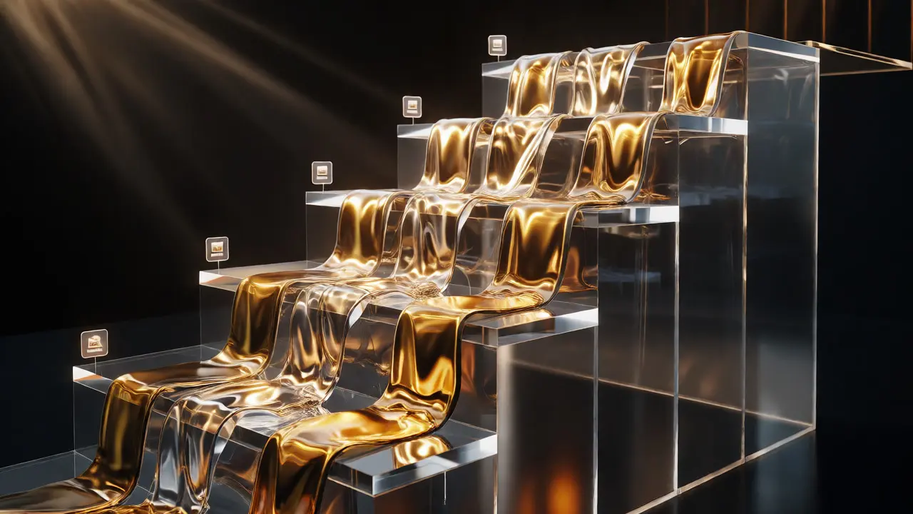 Abstract golden waterfall visualizing recoupment hierarchy