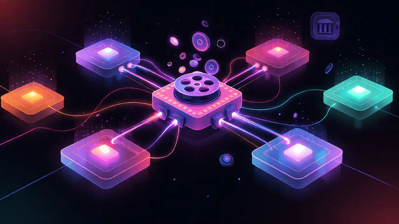 Abstract network visualization showing a film connecting to multiple streaming platforms.