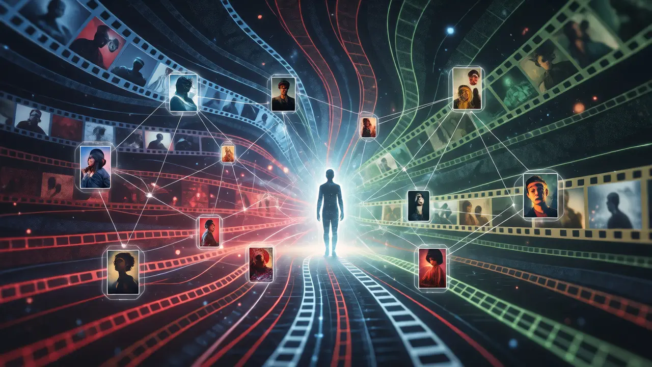Abstract visualization of AI connecting viewer emotions to personalized film recommendations.
