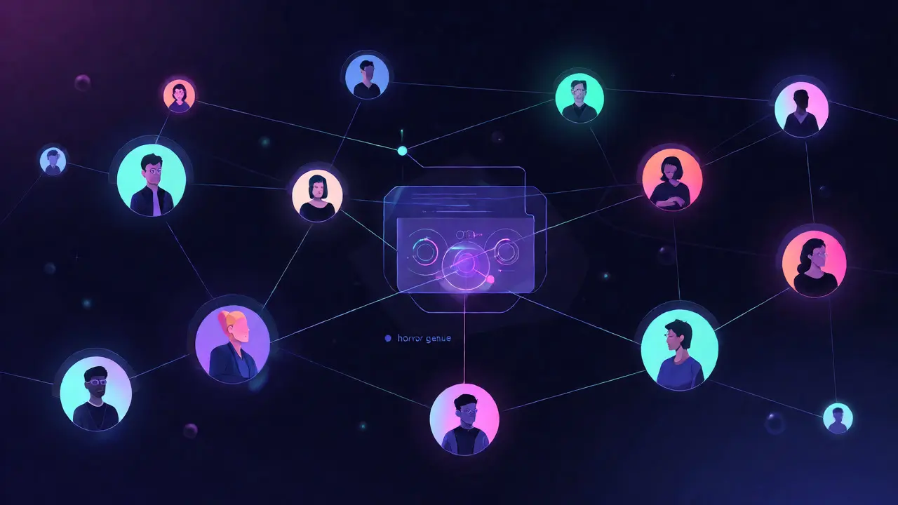 Abstract visualization of AI-driven networking connections among virtual festival attendees.