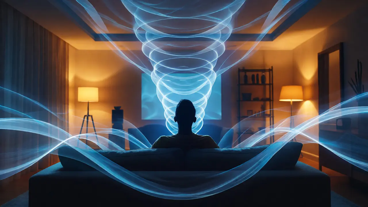 Abstract visualization of Dolby Atmos sound waves surrounding a viewer