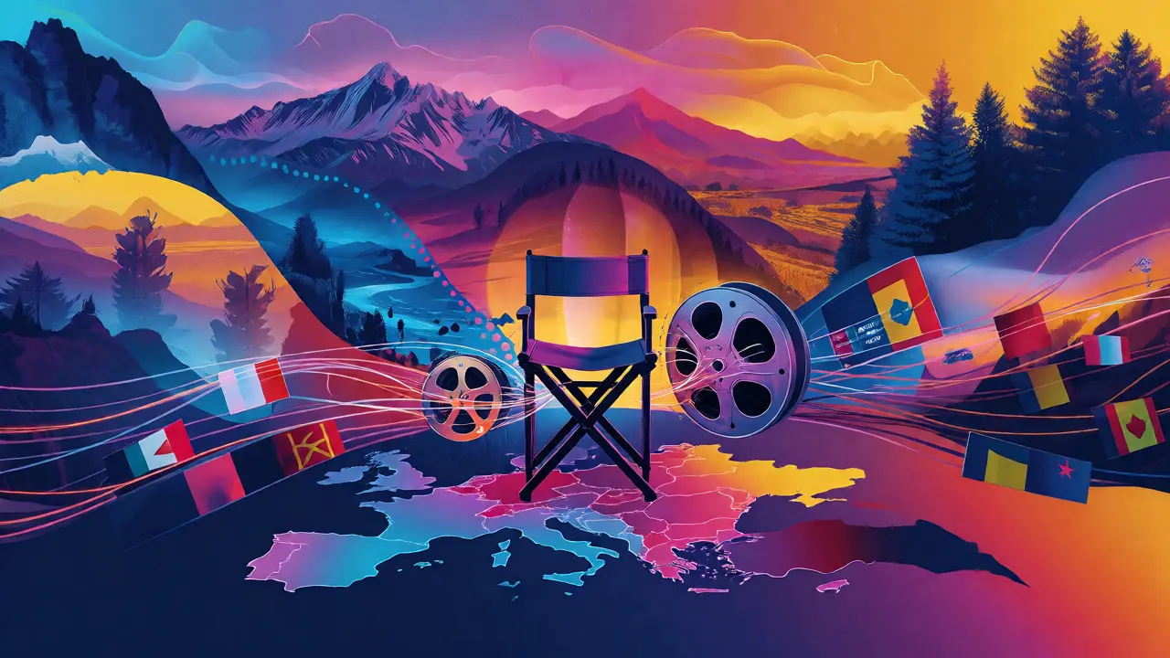 Abstract visualization of European landscapes connected by data streams and film reels.