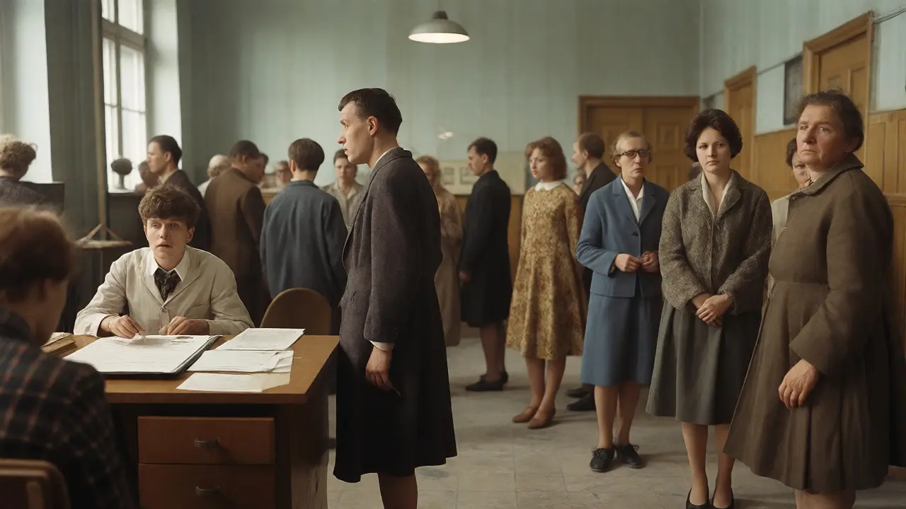 Absurdist scene of citizens in a Prague office, Czechoslovak New Wave style.
