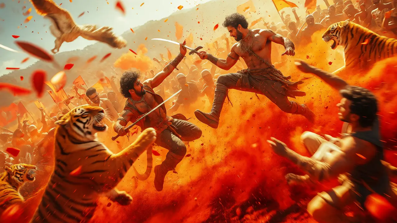Action scene from RRR featuring heroes fighting tigers in a vibrant, dusty landscape.