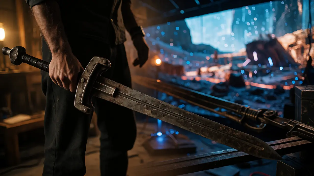 Actor holding a prop sword next to a digital LED screen background in a hybrid set.