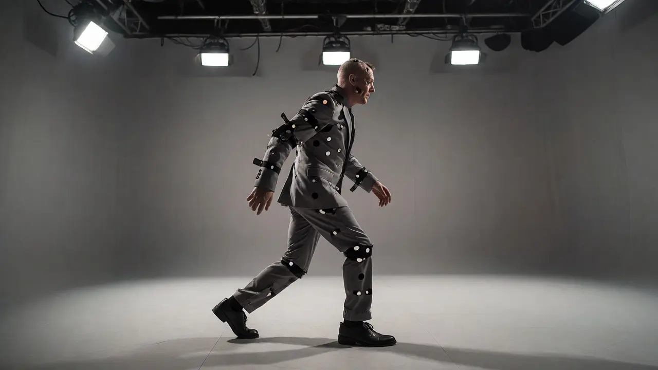 Actor in motion capture suit performing physical gestures in a studio setting.