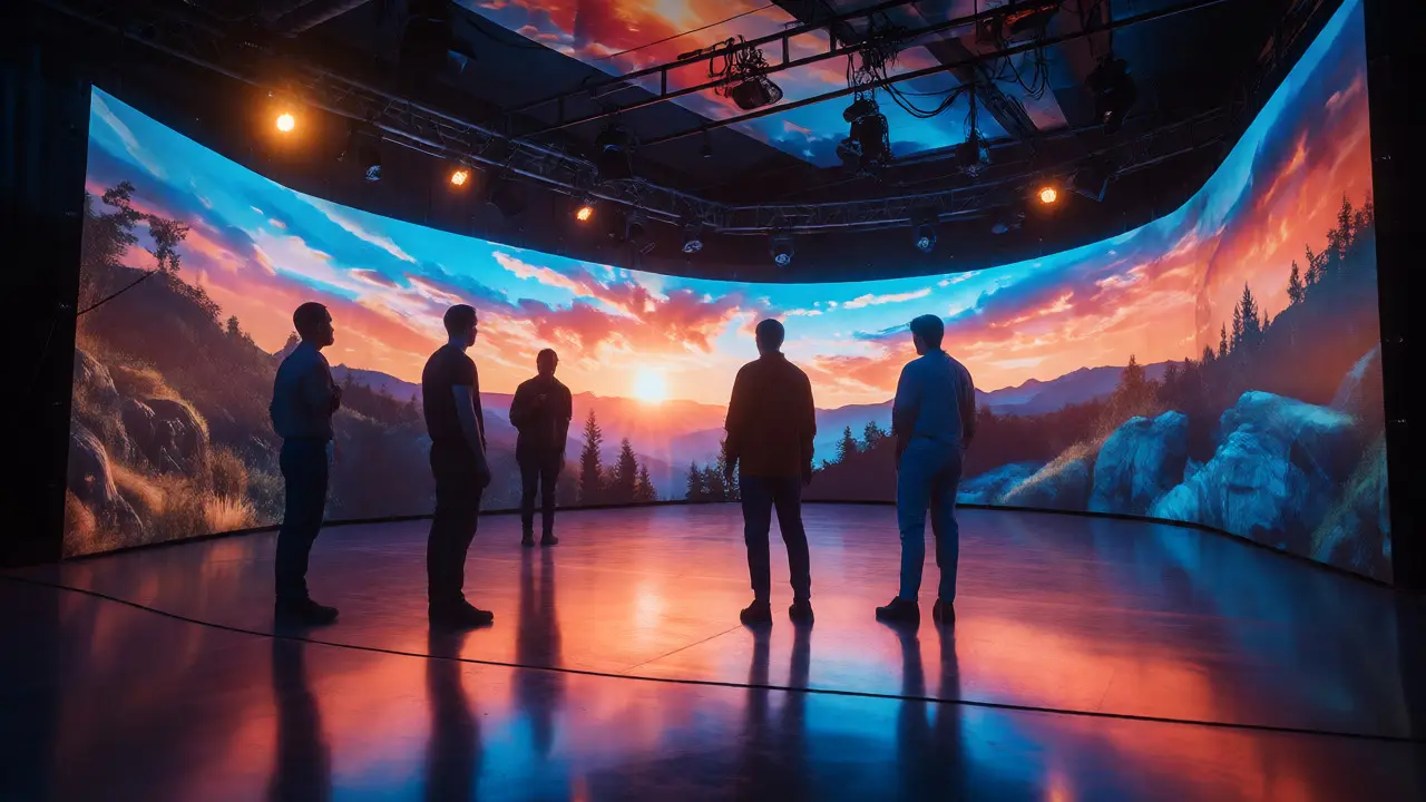 Actors performing inside a curved LED volume stage with realistic backgrounds