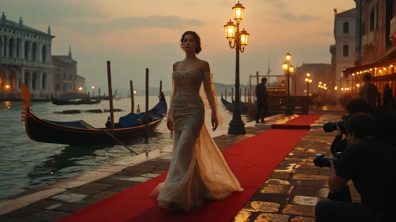 Actress walking Venice Film Festival red carpet near gondolas