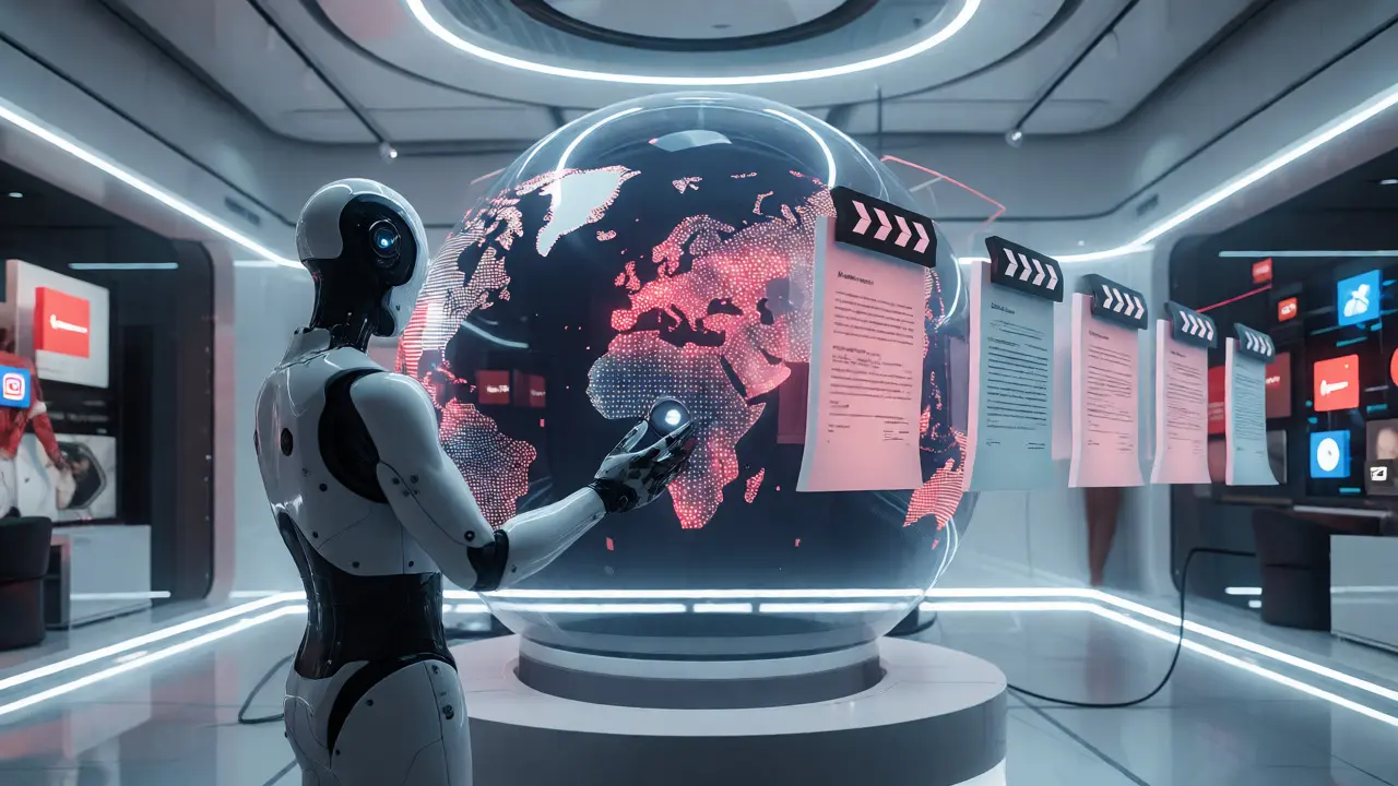 AI analyzing global viewing trends and script predictions in a lab.