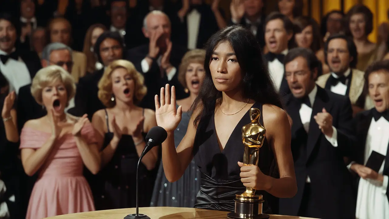 An activist declines an Oscar statue at the 1973 ceremony amidst a booing crowd.