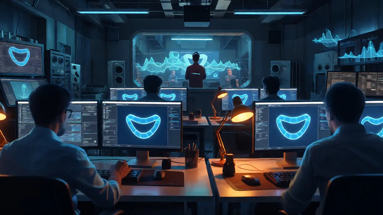 Animators syncing mouth shapes to audio waveforms in a modern studio