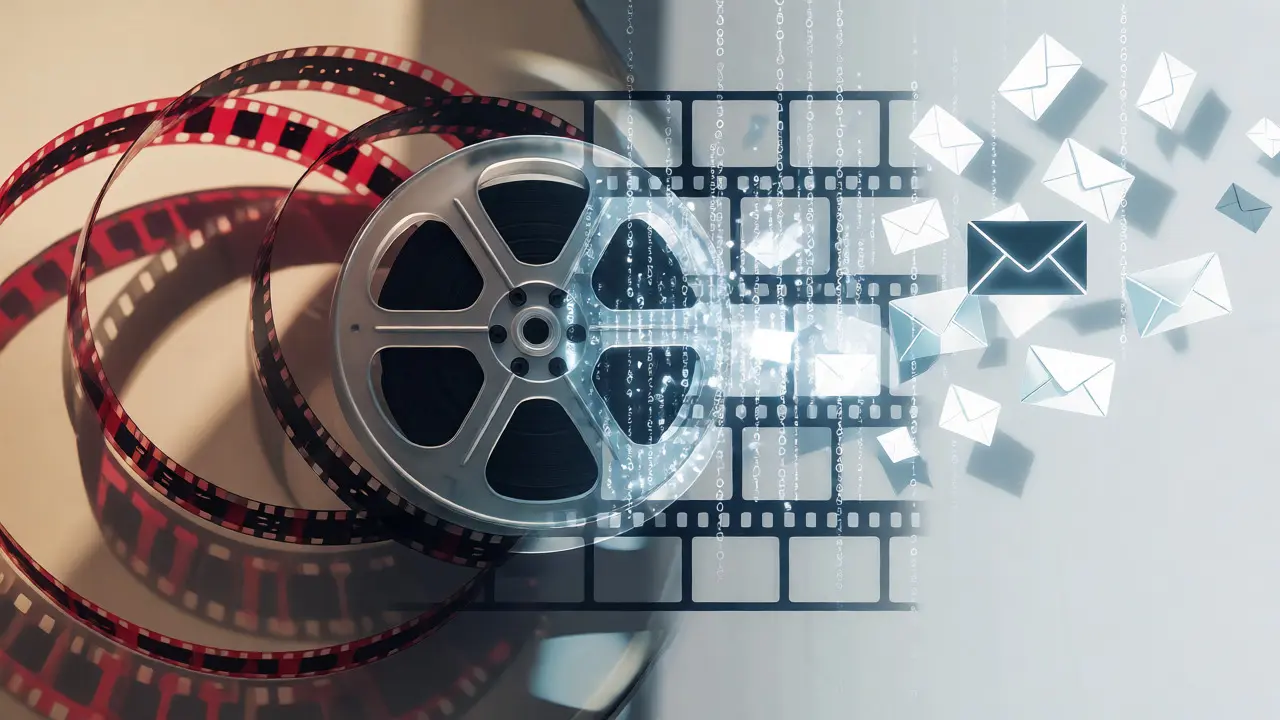 Artistic blend of a film reel transforming into digital email streams.