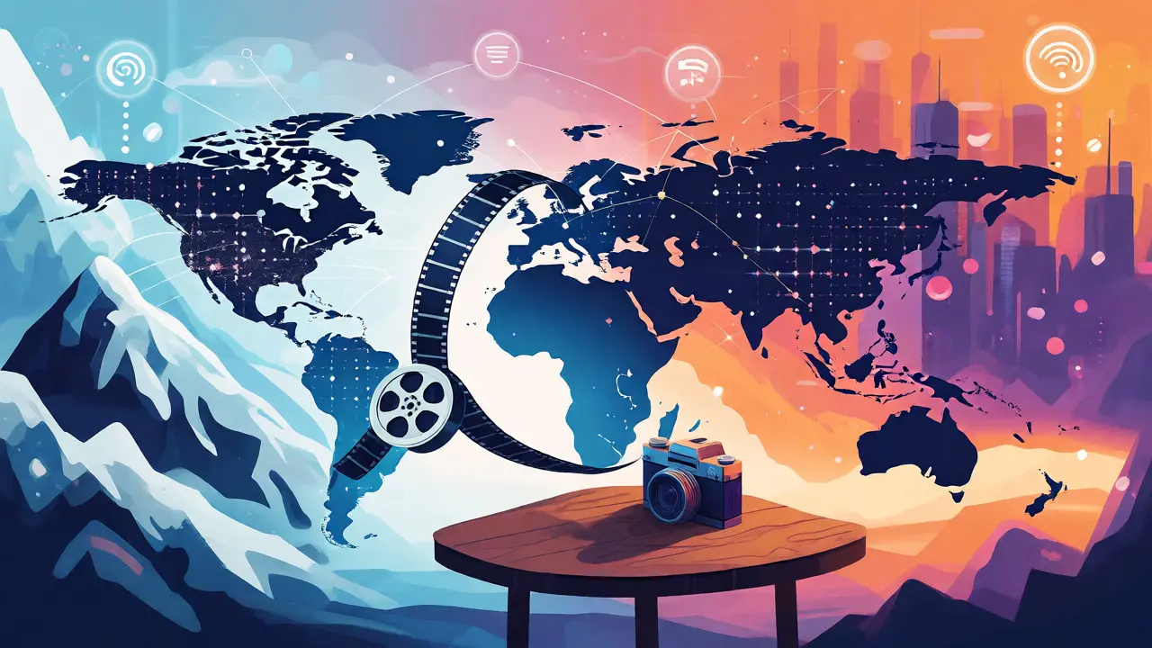 Artistic depiction of a film reel connecting mountains to global digital networks.
