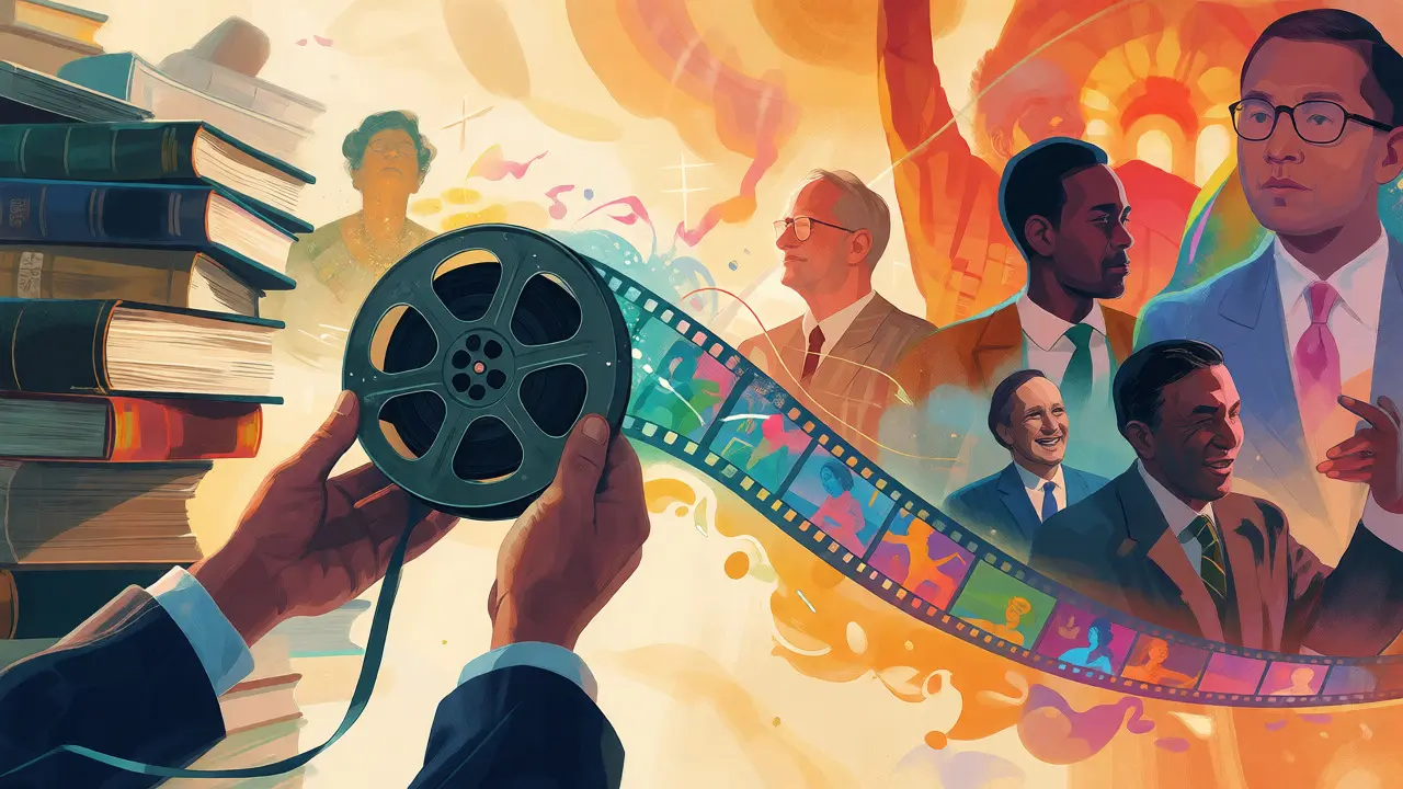 Artistic depiction of a film reel transforming into a bridge connecting textbooks to vibrant historical stories.
