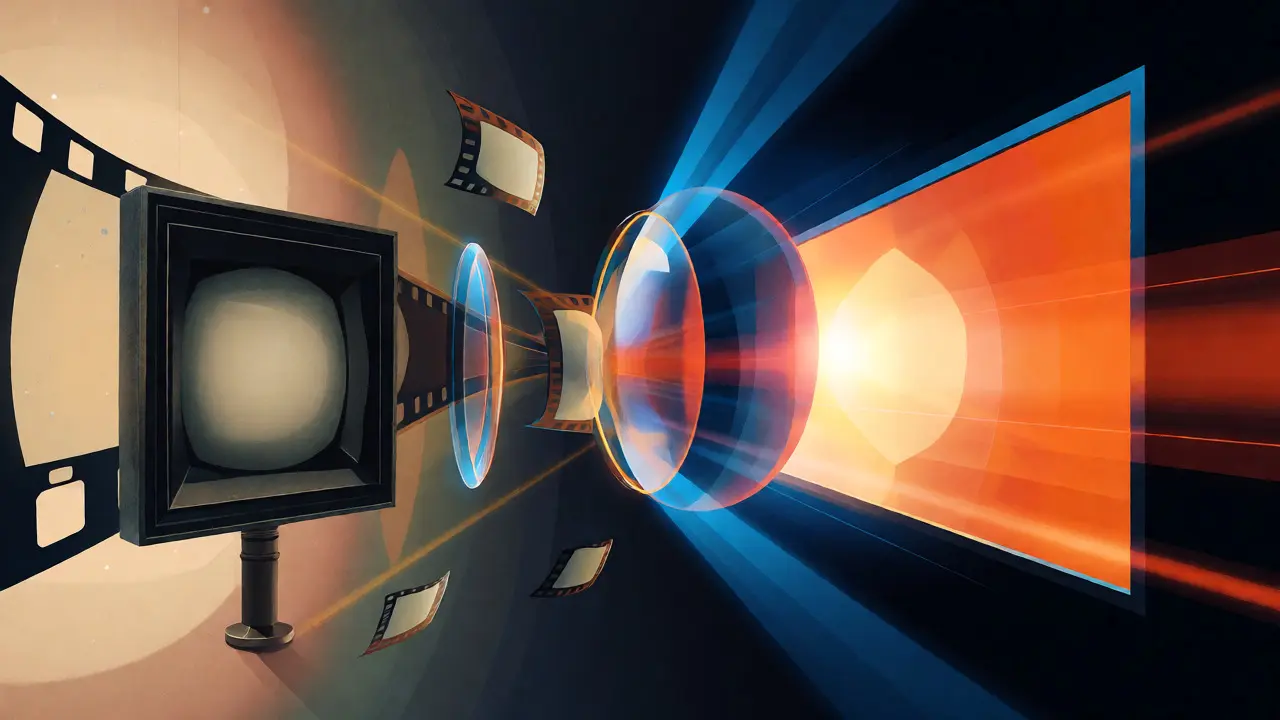 Artistic visualization of film aspect ratios expanding from a small square TV frame to a panoramic widescreen.