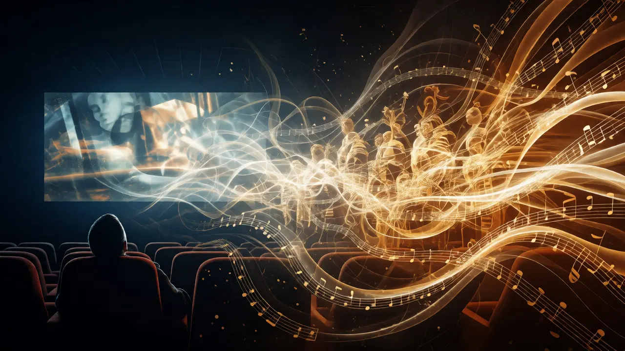 Artistic visualization of film imagery transforming into orchestral music