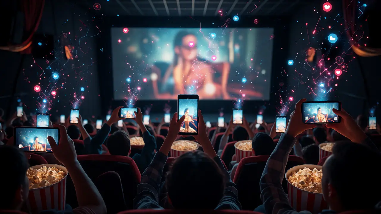 Audience in a dark theater filming the screen with smartphones, symbolizing social media buzz.