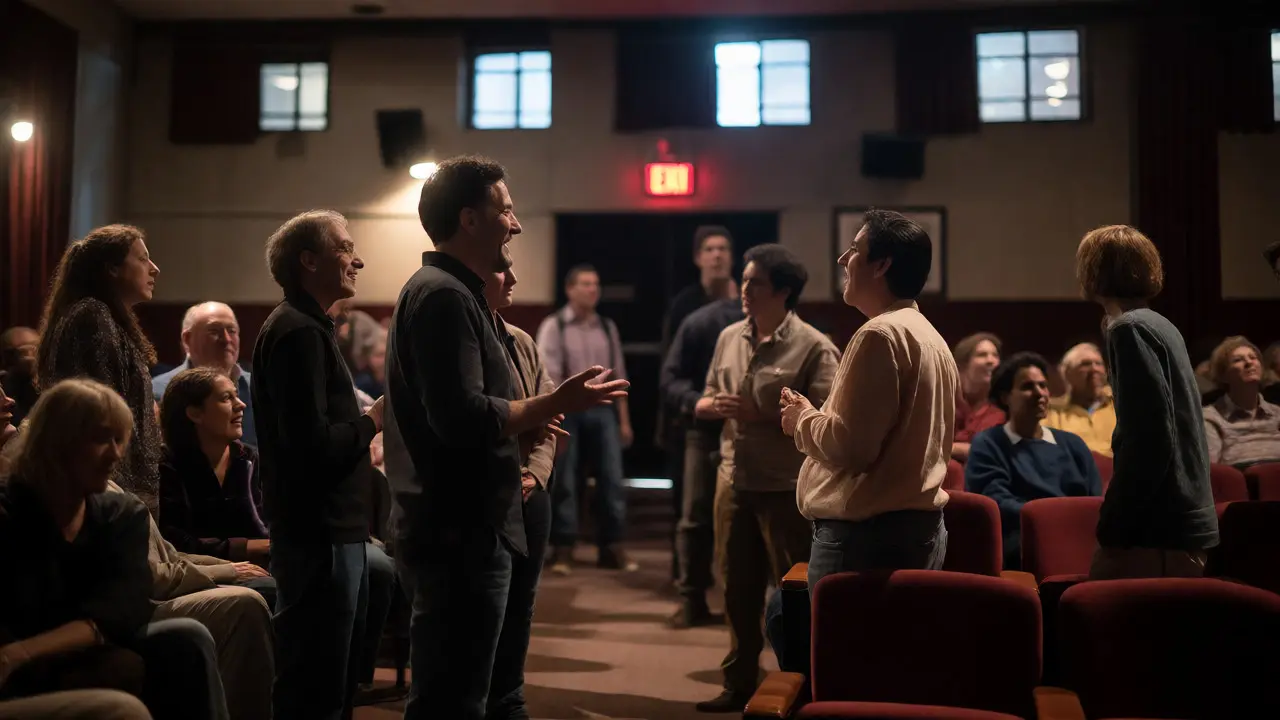 Audience members chatting with a theater manager after a screening