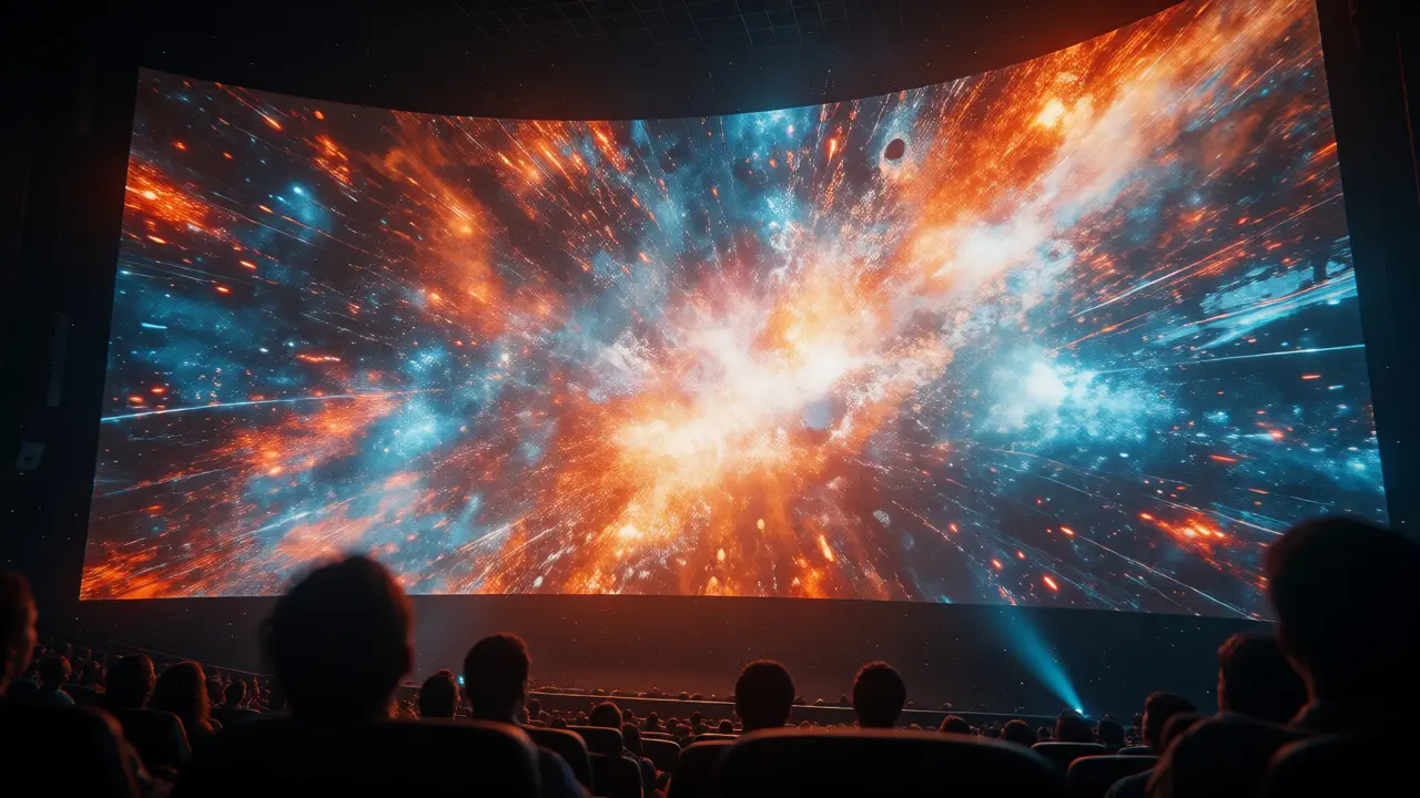 Audience silhouettes watching a vibrant spectacle on a massive IMAX cinema screen.
