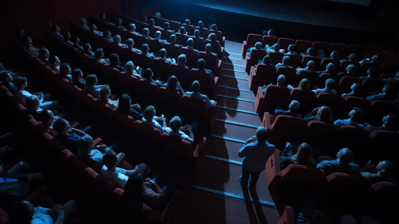 Audience watches a film in a dark theater, emphasizing silence and attention.