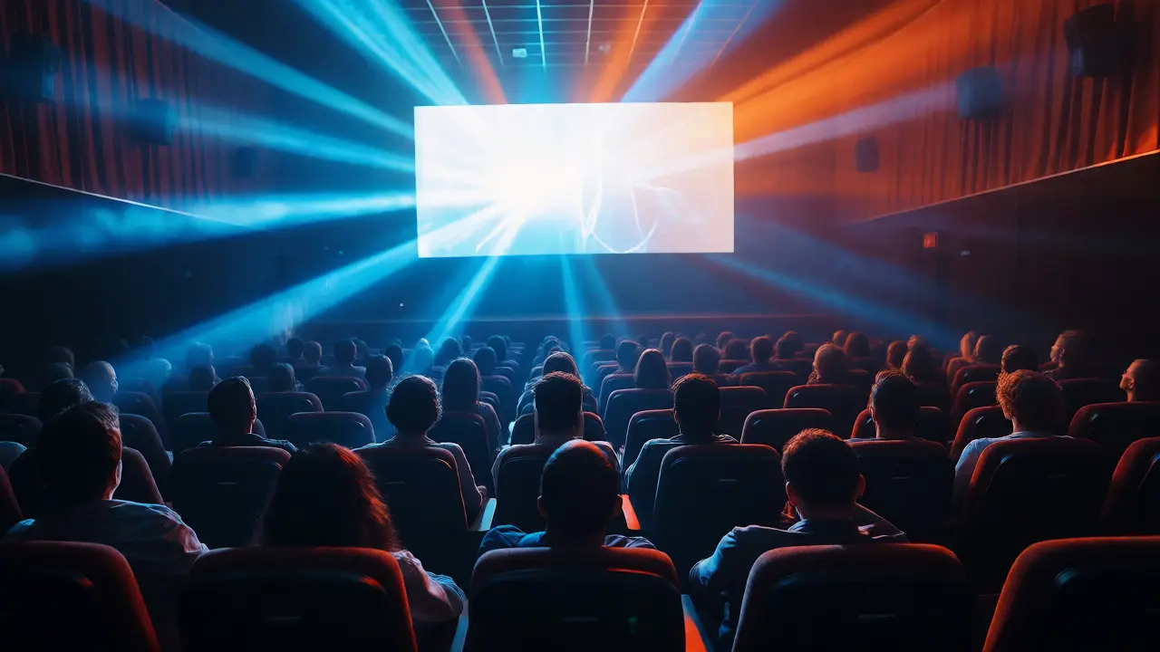 Audience watching a movie in a dark theater with projector beams visible.
