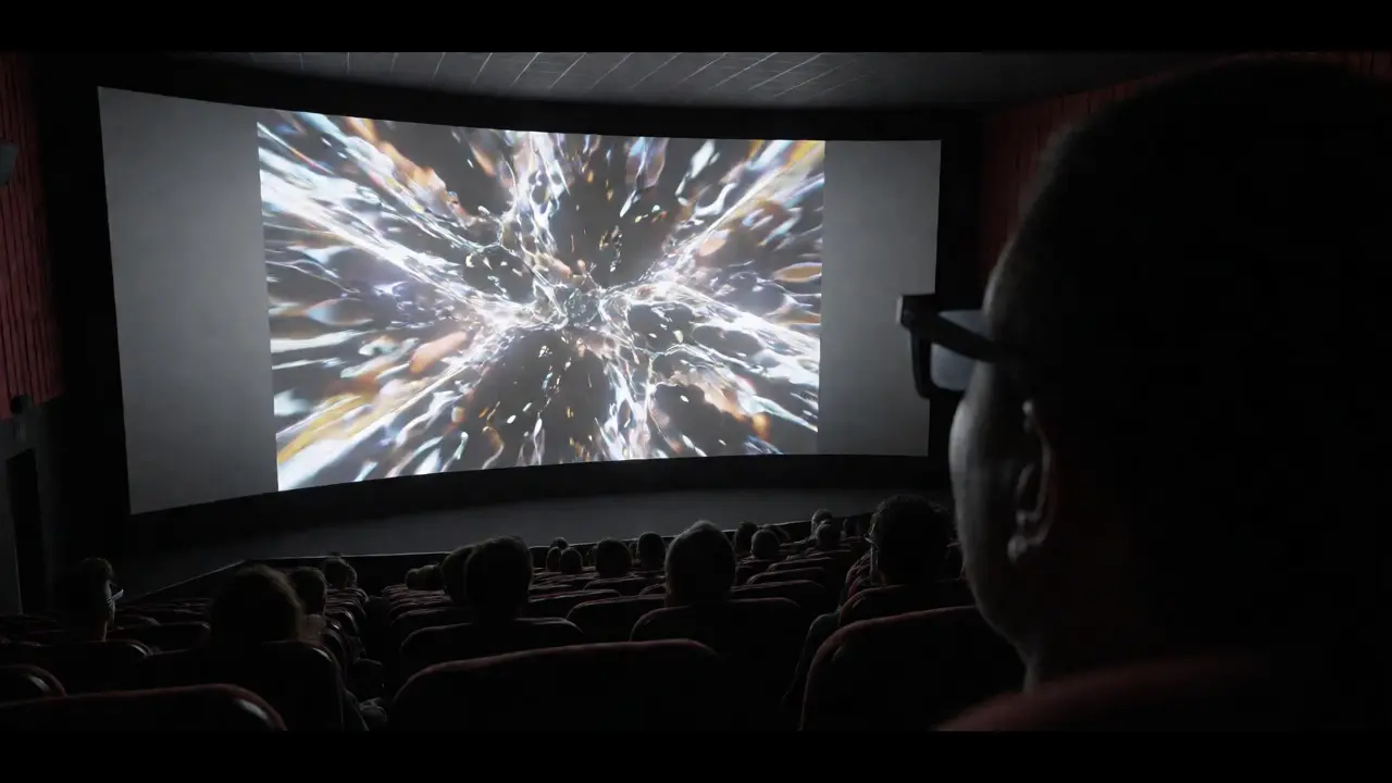 Audience wearing 3D glasses watching a vivid animated movie on a large theater screen.