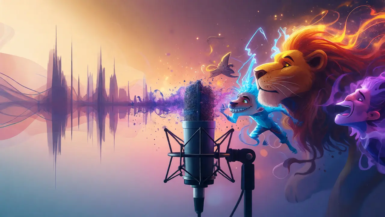 Audio waves transforming into animated character archetypes conceptually
