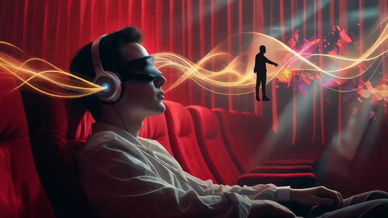 Blind attendee experiencing audio description through glowing sound waves and headphones.