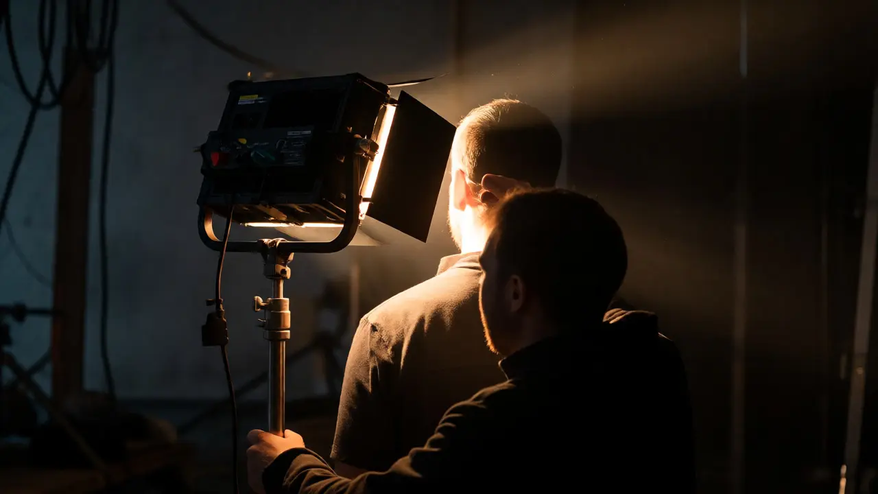 Cinematographer adjusting a backlight to create edge lighting on an actor.