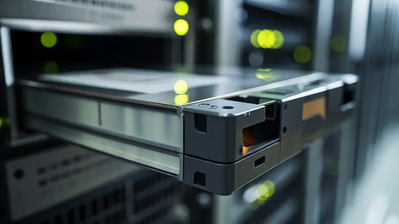 Close-up macro shot of LTO tape cartridge inserting into a server drive