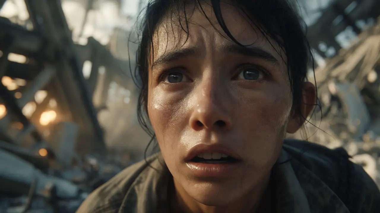 Close-up of a terrified survivor's face against a blurred background of urban destruction.