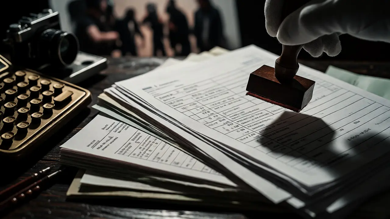 Close-up of audited film production invoices and receipts