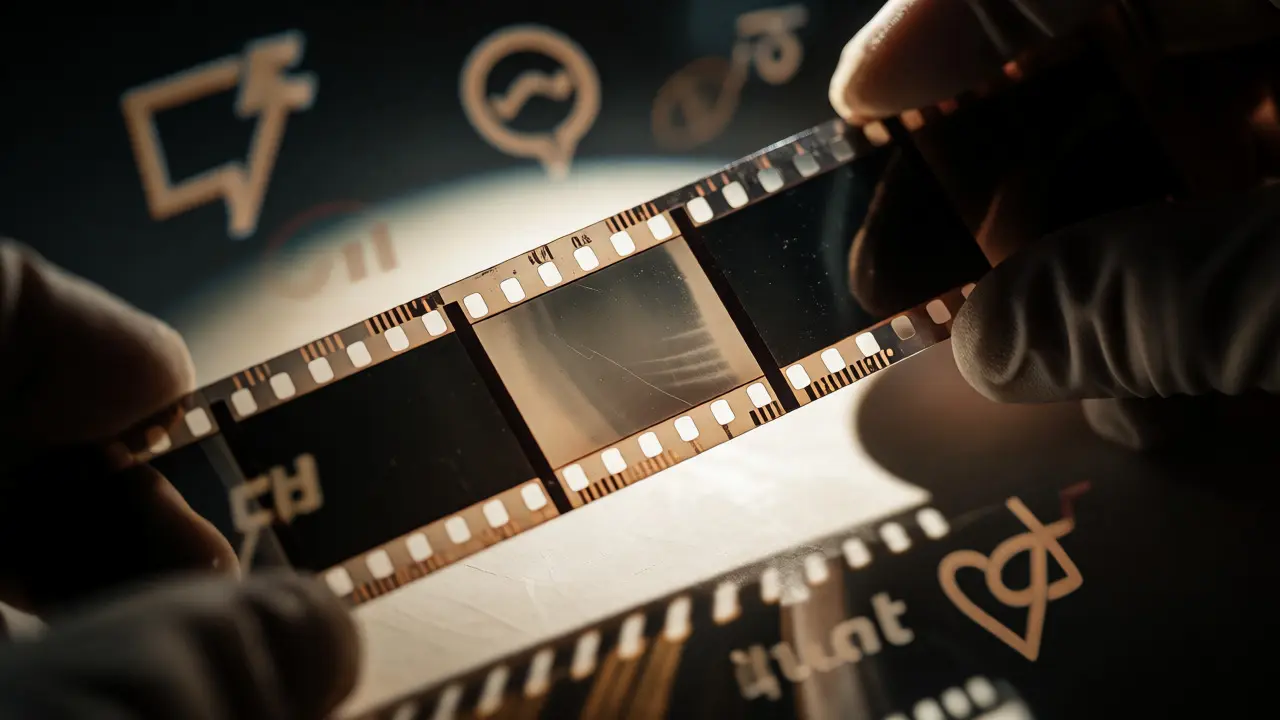 Close-up of pristine film reel under spotlight with blurred digital threats